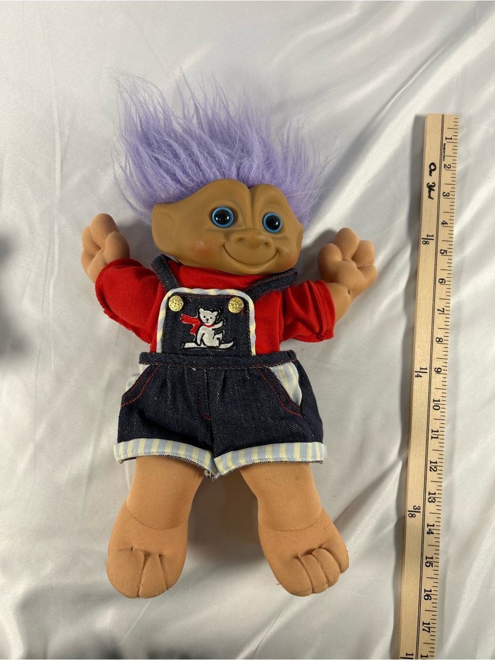 1991 Vintage Novelty TreasureTrolls with Purple Hair Blue Eyes Overalls - Picture 6 of 12